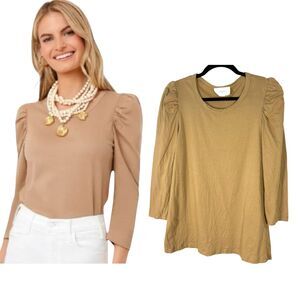 Pomander Place Tuckernuck Vesty Puff Long Sleeve Tan Crewneck Blouse Size Large